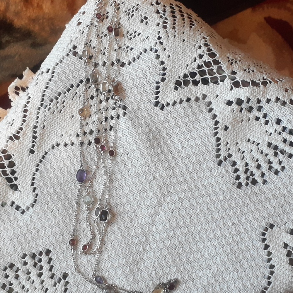 VtgSterling Silver MultiGemstone Necklace Amethyst,Garnet,Citrine & Quartz w/box - Picture 4 of 10